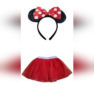 Disney Minnie Red Tulle Sparkle Tutu Shorts 14/16 Sparkley Minnie Ears Headband‎